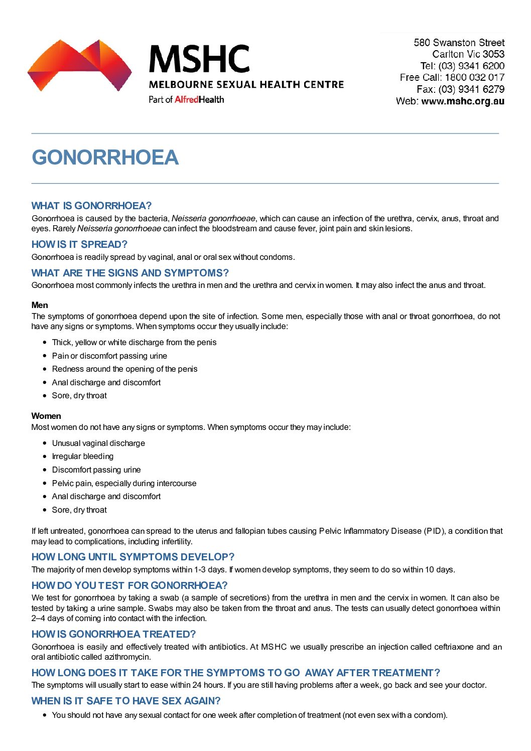 Gonorrhoea MSHC factsheet What s Going On Down There