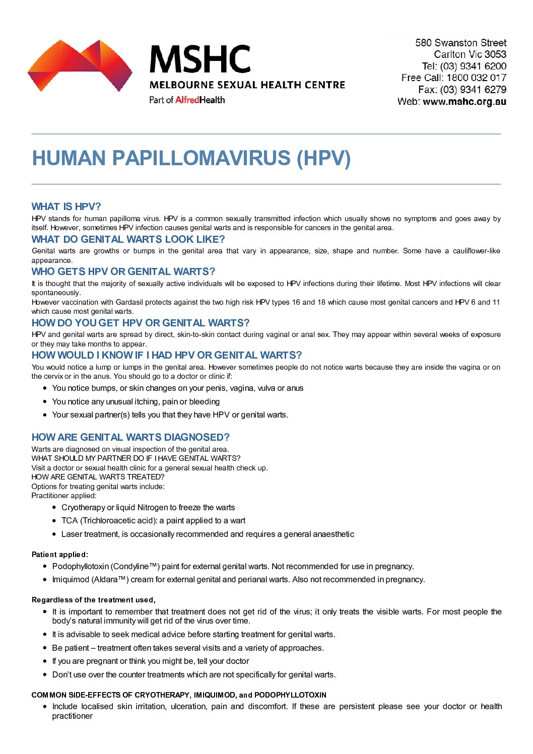 Human papillomavirus HPV MSHC factsheet What s Going On Down There